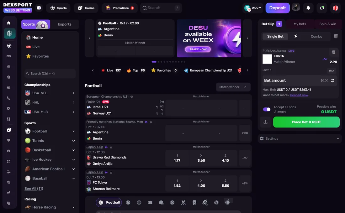 One lobby for live football, esports and casino — all from a connected wallet